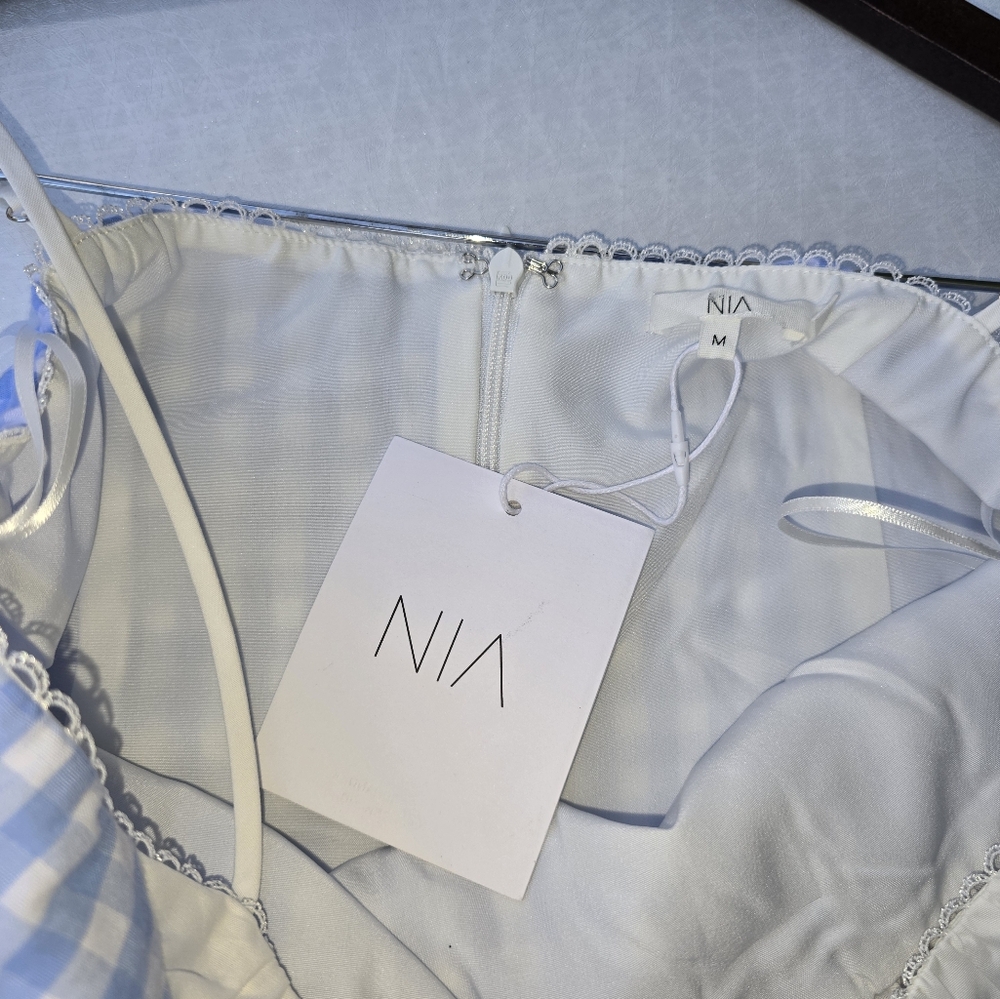 Nia Blue Gingham Serrano Mini Dress Lace Trim Cottagecore Size M - Picture 6 of 8